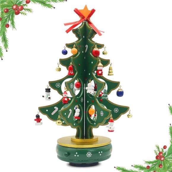 Christmas Tree Music Box Wooden Musical Box with Figurines Ornaments 7.4 x 12.6